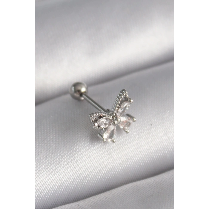 316L Çelik Gümüş Renk Zirkon Taşlı Kelebek Tragus Piercing