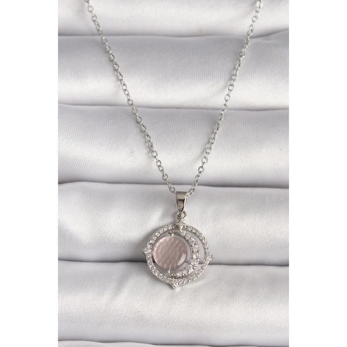 316L Çelik Gümüş Renk Zirkon Taşlı Pembe Sedefli Hilal Model Kadın Kolye