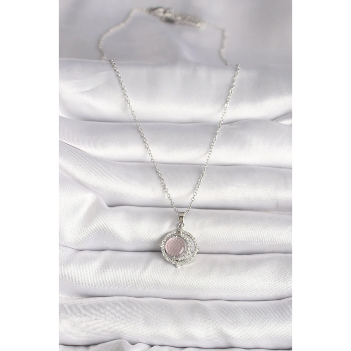 316L Çelik Gümüş Renk Zirkon Taşlı Pembe Sedefli Hilal Model Kadın Kolye
