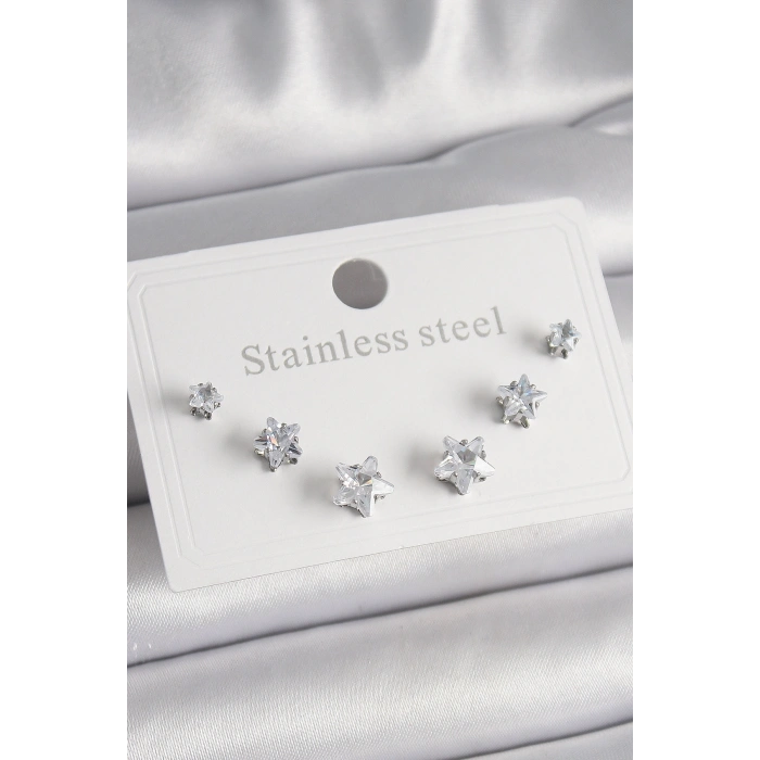 316L Çelik Gümüş Renk Zirkon Taşlı Yıldız Model Kadın Küpe Seti