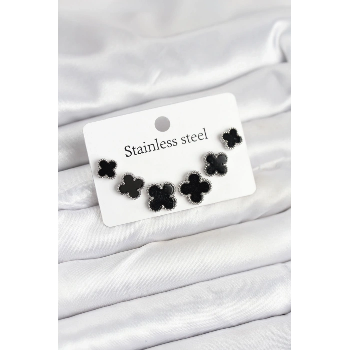 316L Çelik Gümüş Siyah Renk 3 Boy Yonca Küpe Seti