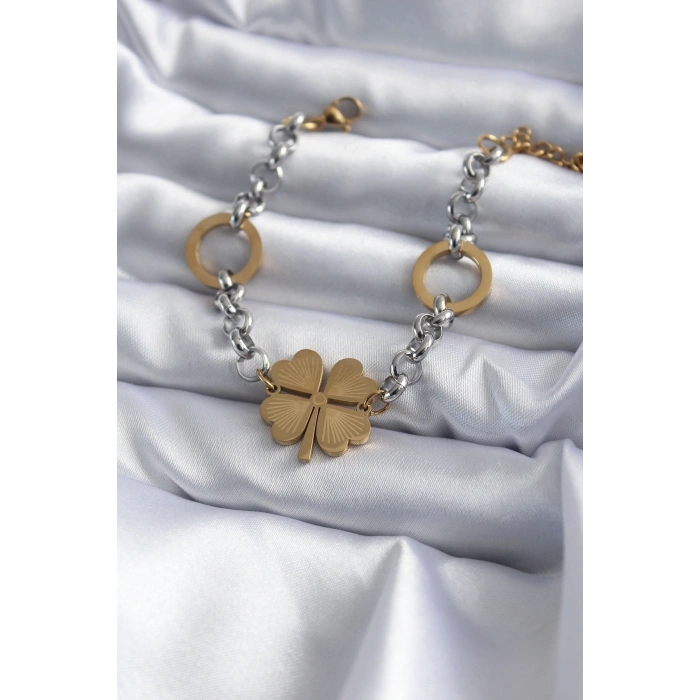316L Çelik Mix Renk Zincir Model Yonca Figür Kadın Bileklik