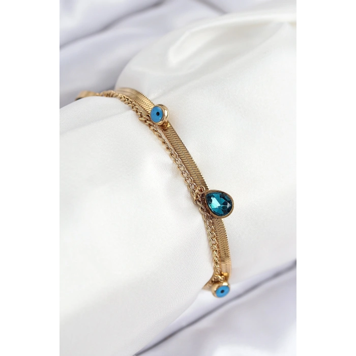 316L Çelik Nazar Boncuk Detaylı Mavi Zirkon Taşlı Model İtalyan Zincir Gold Renk Kadın Bileklik