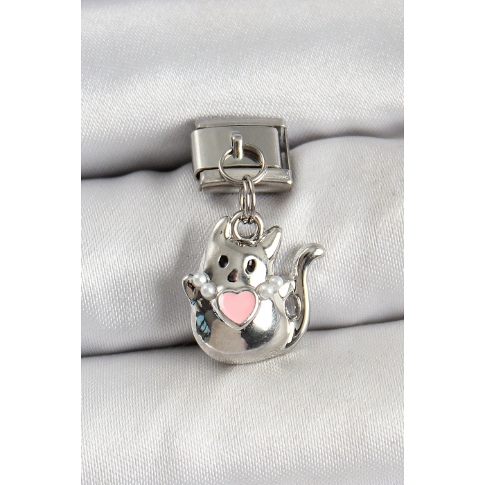 316L Çelik Sallantılı Kalp Detaylı Kedi Model Gümüş Renk Nomination Charm