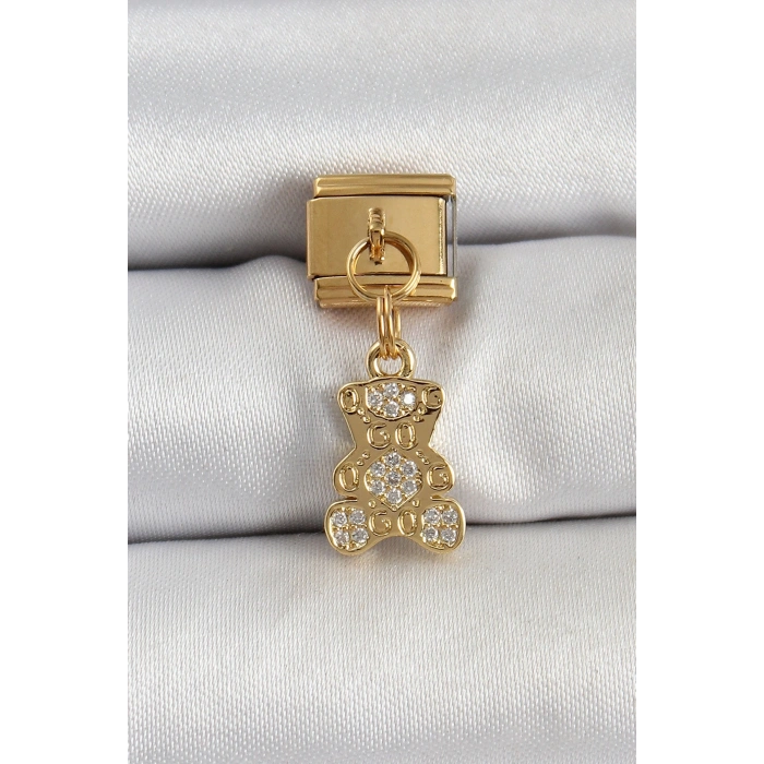 316L Çelik Sallantılı Zirkon Taşlı Ayıcık Model Gold Renk Nomination Charm
