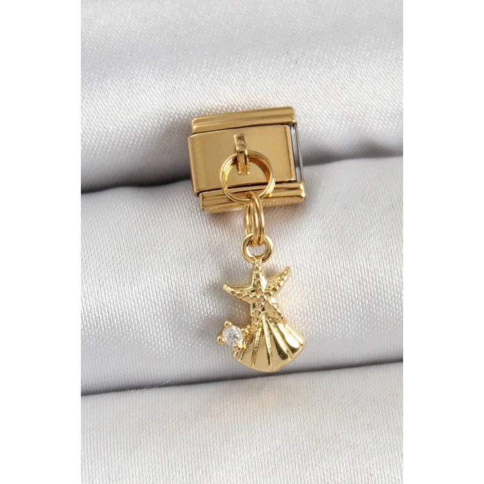 316L Çelik Sallantılı Zirkon Taşlı Deniz Yıldızı Ve İstiridye Model Gold Renk Nomination Charm