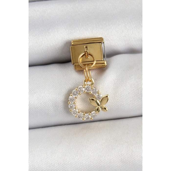 316L Çelik Sallantılı Zirkon Taşlı Kelebek Detaylı Halka Model Gold Renk Nomination Charm