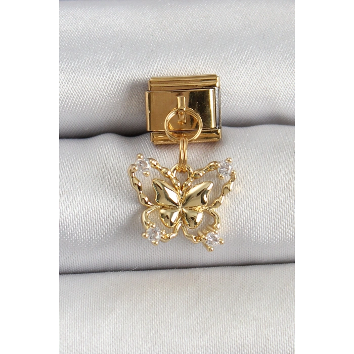 316L Çelik Sallantılı Zirkon Taşlı Kelebek Model Gold Renk Nomination Charm