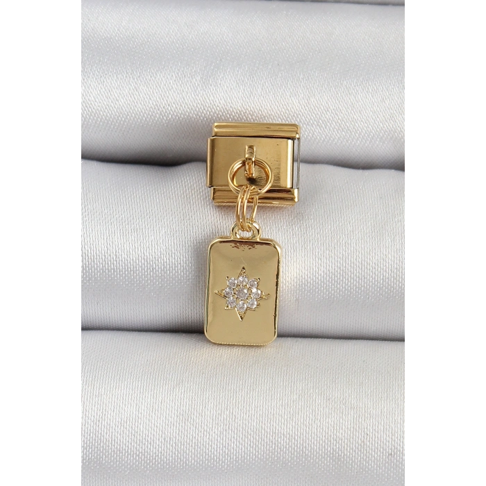 316L Çelik Sallantılı Zirkon Taşlı Kutup Yıldızı Figürlü Dikdörtgen Model Gold Renk Nomination Charm