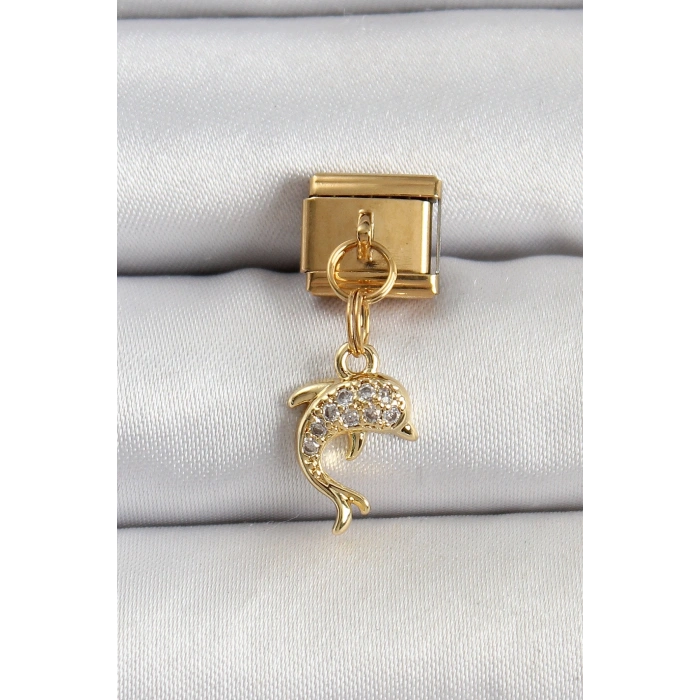316L Çelik Sallantılı Zirkon Taşlı Yunus Balığı Model Gold Renk Nomination Charm