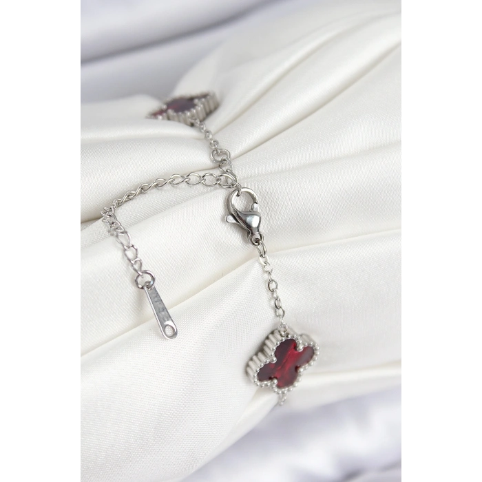 316L Çelik Sedefli Kırmızı Gümüş Renk Yonca Kadın Bileklik