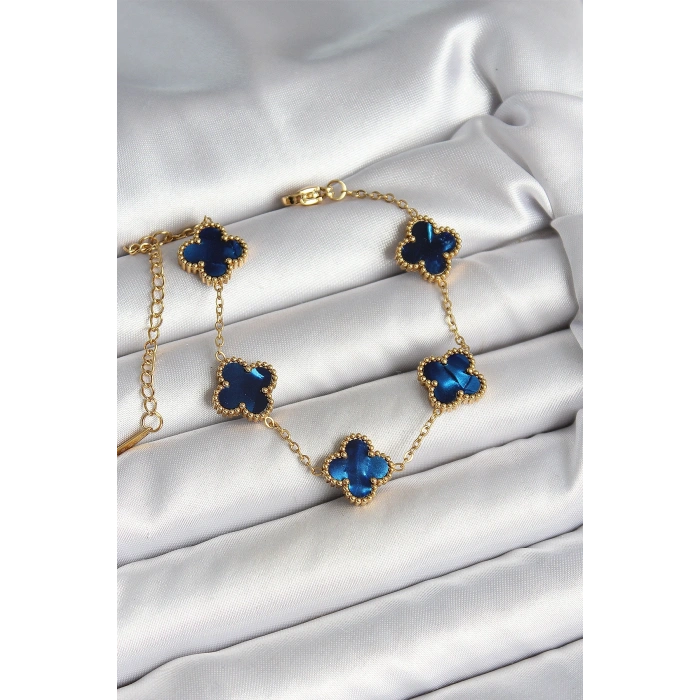 316L Çelik Sedefli Lacivert Gold Renk Yonca Kadın Bileklik