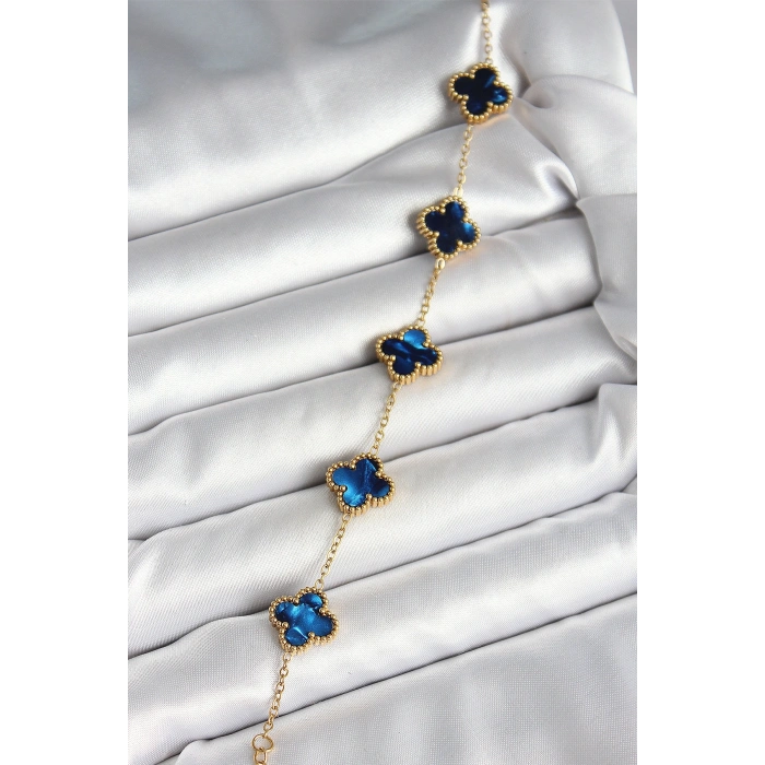 316L Çelik Sedefli Lacivert Gold Renk Yonca Kadın Bileklik