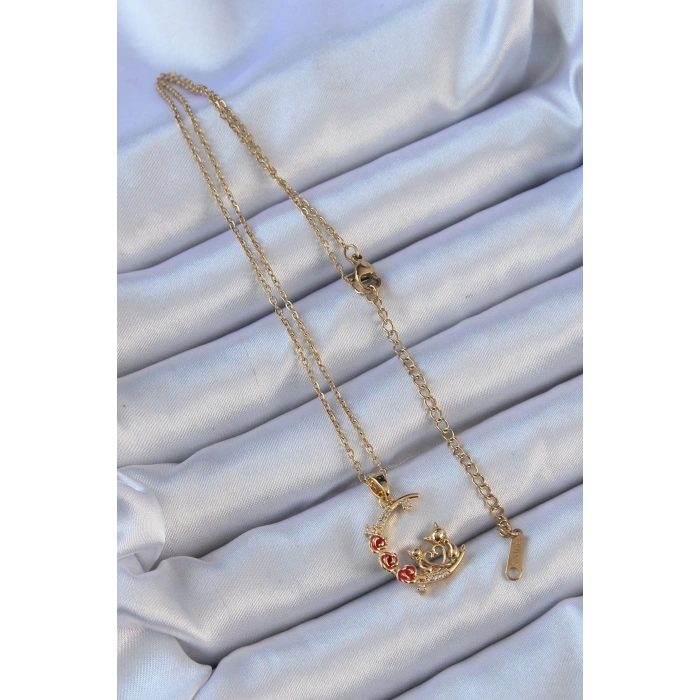 316L Çelik Zincir Altın Renk Kırmızı Gül Detay Kedi Figür Zirkon Taşlı Ay Kolye