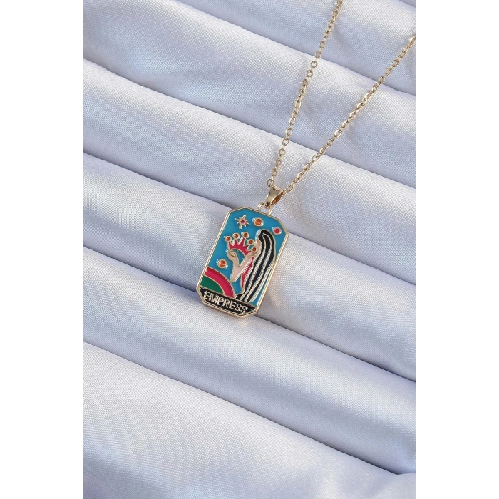 316L Çelik Zincir Altın Renk Taç ve Kız Figürlü Renkli Mineli Tarot Kolye