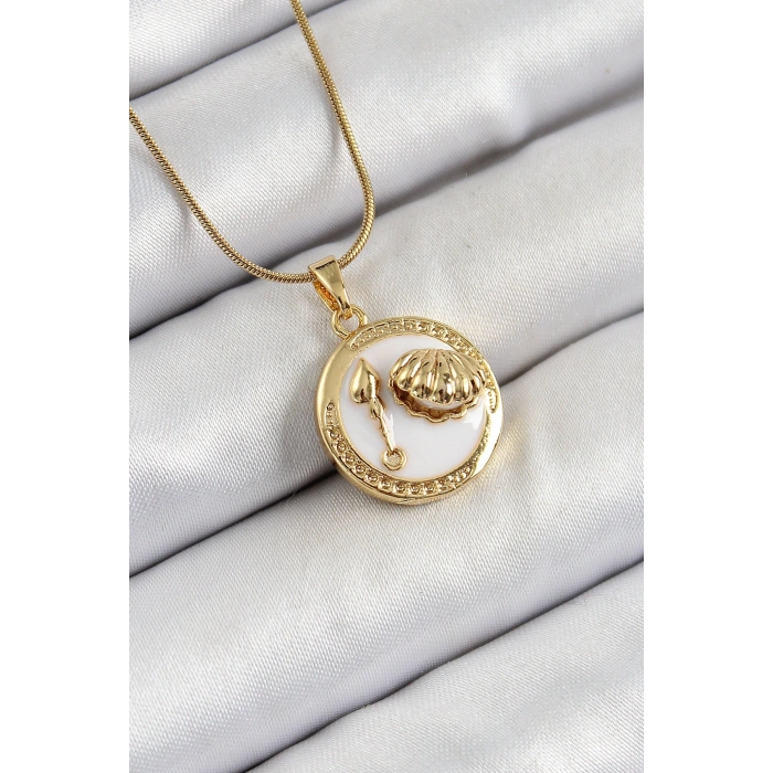 316L Çelik Zincir Beyaz Mineli Sanatsal Portre İstiridye Model Gold Renk Kadın Kolye