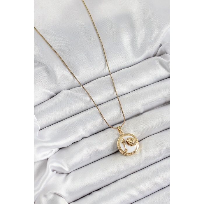 316L Çelik Zincir Beyaz Mineli Sanatsal Portre İstiridye Model Gold Renk Kadın Kolye