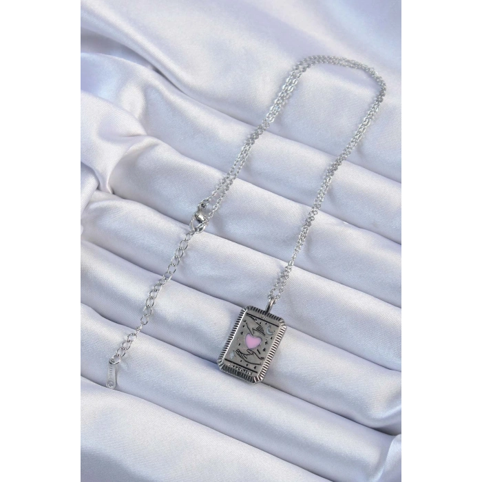 316L Çelik Zincir Eskitme Gümüş Renk Pembe Mineli Kalp Figürlü Tarot Kolye