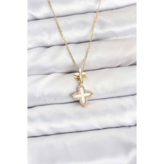 316L Çelik Zincir Gold Renk 4 Yapraklı Yonca Model Zirkon Taşlı Kadın Kolye