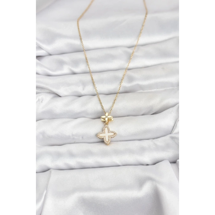 316L Çelik Zincir Gold Renk 4 Yapraklı Yonca Model Zirkon Taşlı Kadın Kolye