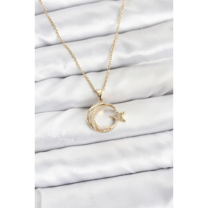 316L Çelik Zincir Gold Renk Ay Yıldız Model Zirkon Taşlı Kadın Kolye