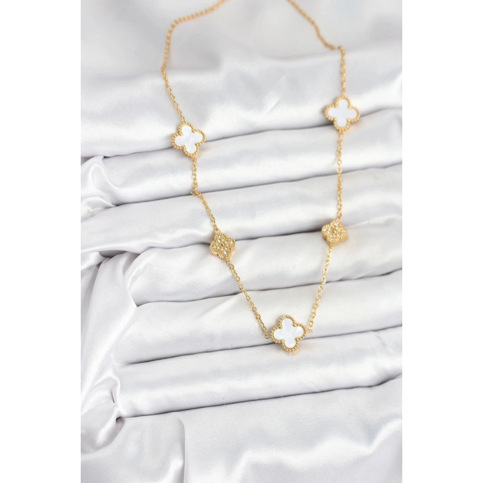 316L Çelik Zincir Gold Renk Beyaz ve Zirkon Taşlı Yonca Kadın Kolye