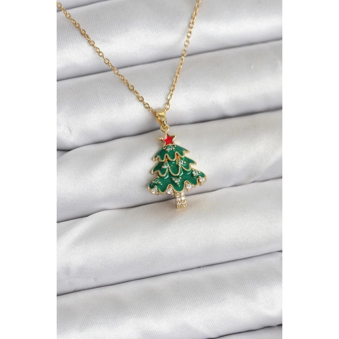 316L Çelik Zincir Gold Renk Çam Ağacı Model Yılbaşı Temalı Kadın Kolye