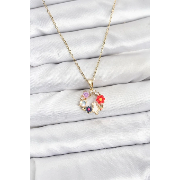 316L Çelik Zincir Gold Renk Çiçekli Kedili Model Kadın Kolye