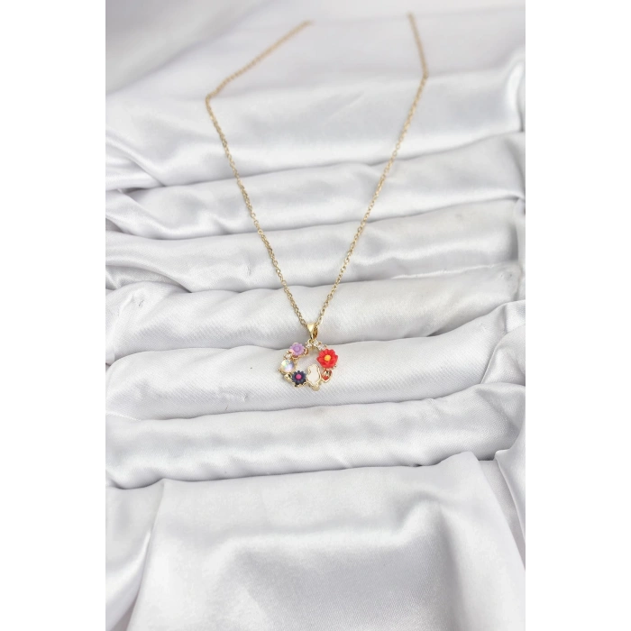 316L Çelik Zincir Gold Renk Çiçekli Kedili Model Kadın Kolye