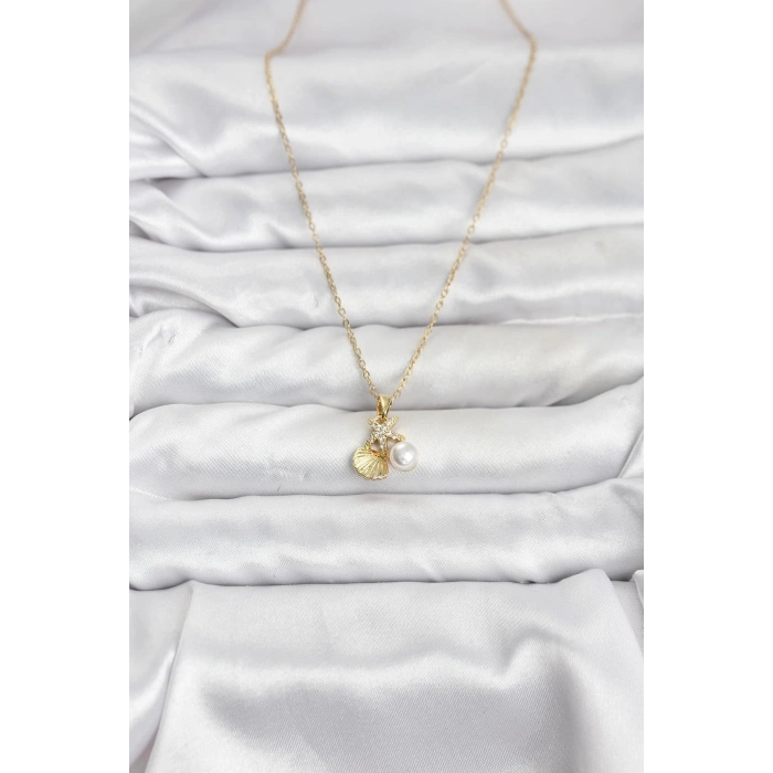 316L Çelik Zincir Gold Renk Deniz Kabuğu ve Deniz Yıldızı Model Zirkon Taşlı Kadın Kolye