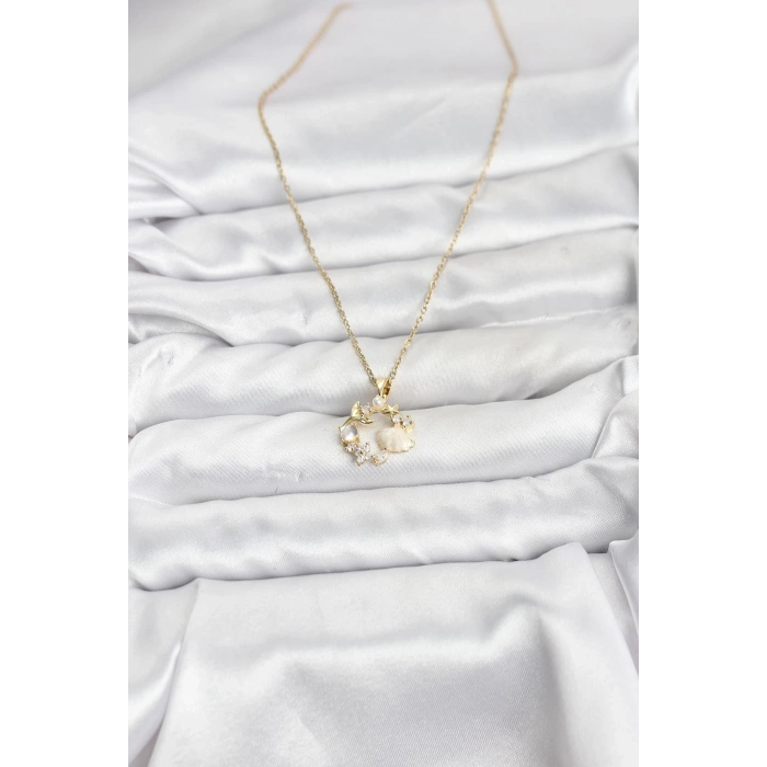 316L Çelik Zincir Gold Renk Deniz Tema Model Zirkon Taşlı Kadın Kolye