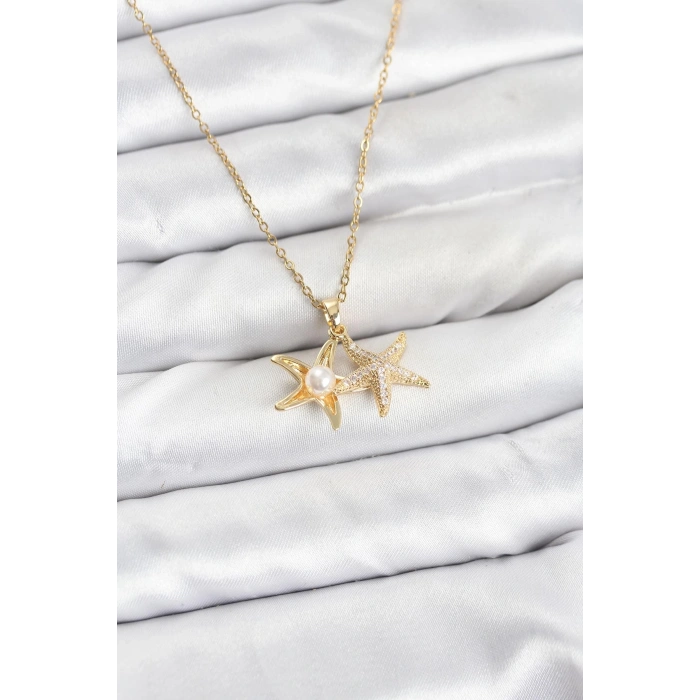 316L Çelik Zincir Gold Renk Deniz Yıldızı Model Zirkon Taşlı Kadın Kolye
