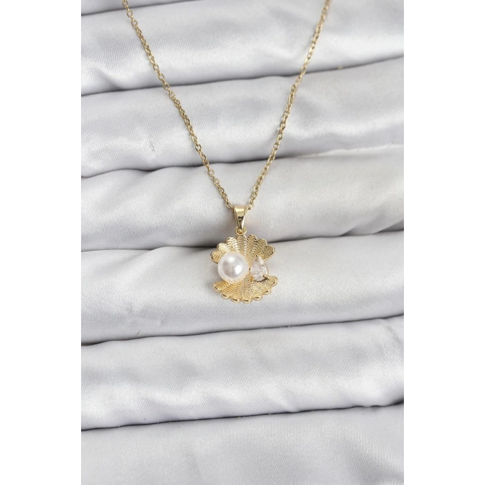 316L Çelik Zincir Gold Renk İstiridye İnci Model Zirkon Taşlı Kadın Kolye
