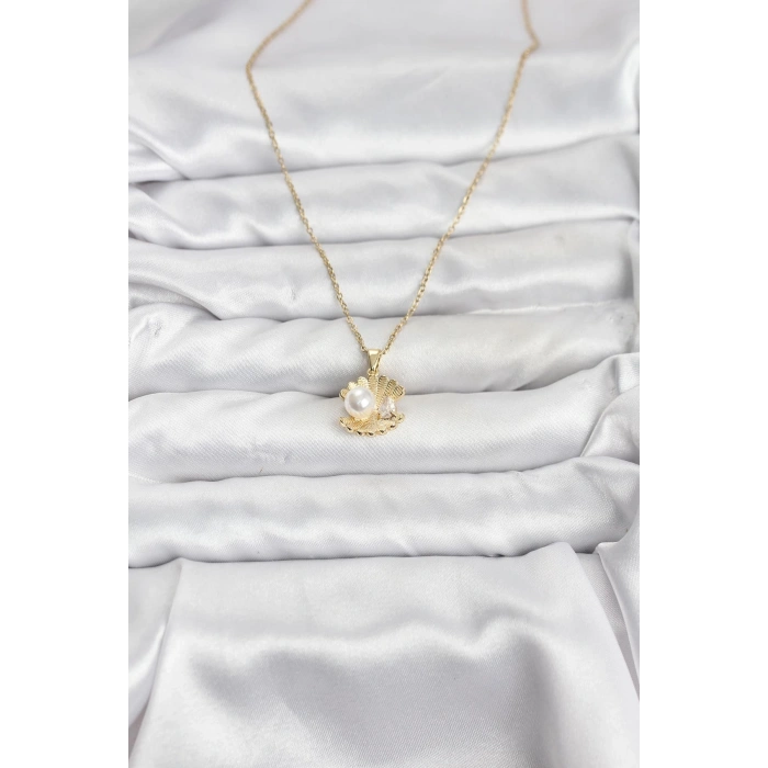 316L Çelik Zincir Gold Renk İstiridye İnci Model Zirkon Taşlı Kadın Kolye