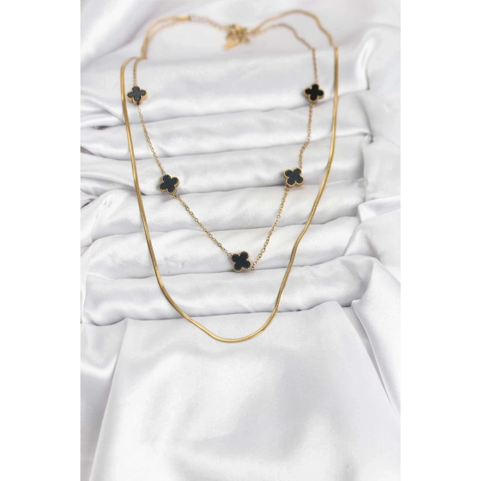 316L Çelik Zincir Gold Renk İtalyan Zincirli Siyah Yonca Model Kadın Kolye