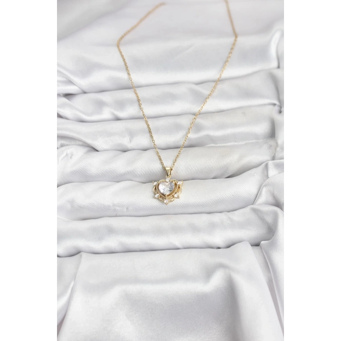 316L Çelik Zincir Gold Renk Kalp Model Zirkon Taşlı Kadın Kolye
