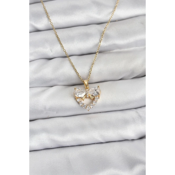 316L Çelik Zincir Gold Renk Kalp ve Fiyonk Model Zirkon Taşlı Kadın Kolye