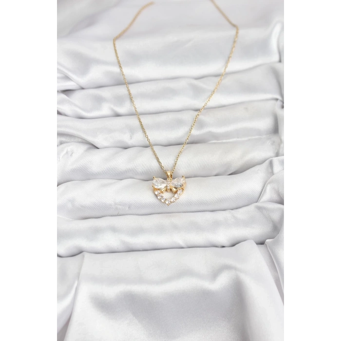 316L Çelik Zincir Gold Renk Kalp ve Fiyonk Model Zirkon Taşlı Kadın Kolye