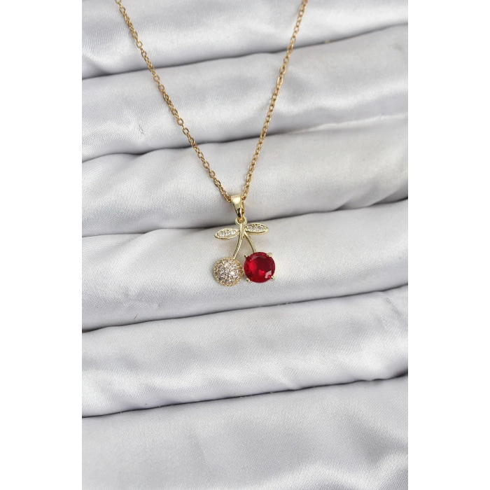 316L Çelik Zincir Gold Renk Kiraz Model Zirkon Taşlı Kadın Kolye