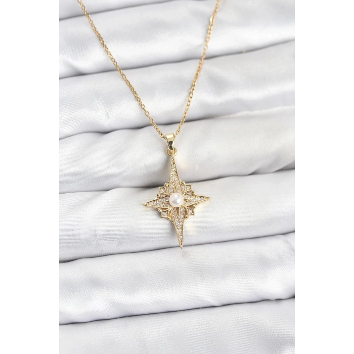316L Çelik Zincir Gold Renk Kutup Yıldızı Model Zirkon Taşlı Kadın Kolye