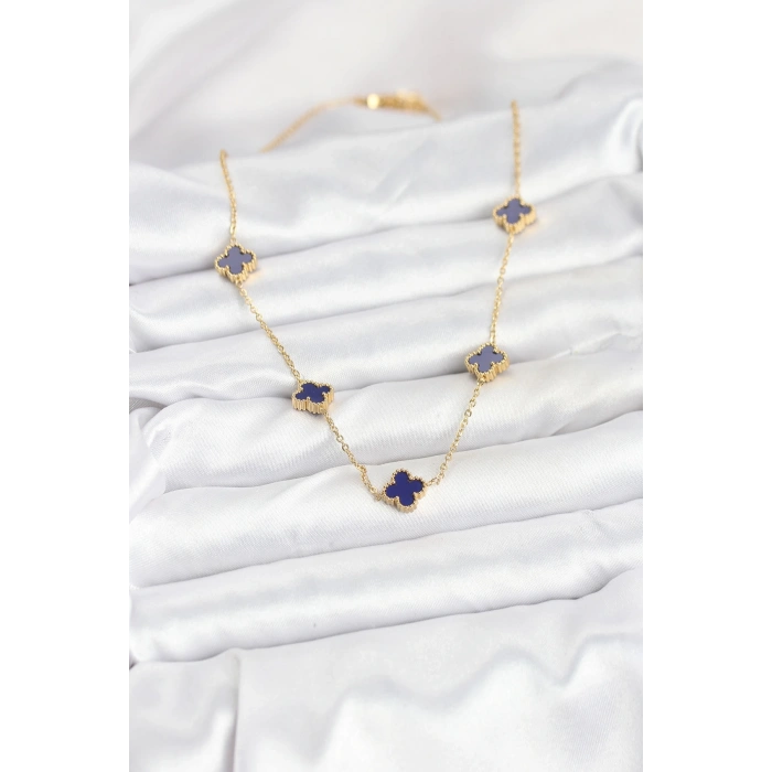 316L Çelik Zincir Gold Renk Lacivert Baby Boy Yonca Kadın Kolye