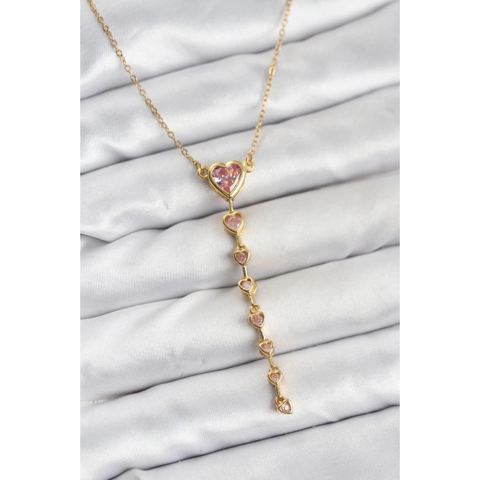 316L Çelik Zincir Gold Renk Pembe Kalp Kadın Kolye