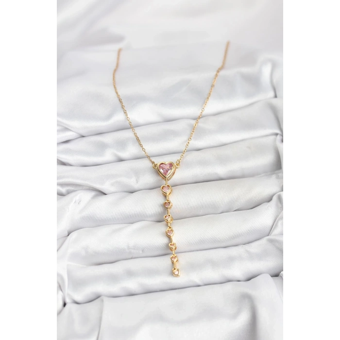 316L Çelik Zincir Gold Renk Pembe Kalp Kadın Kolye