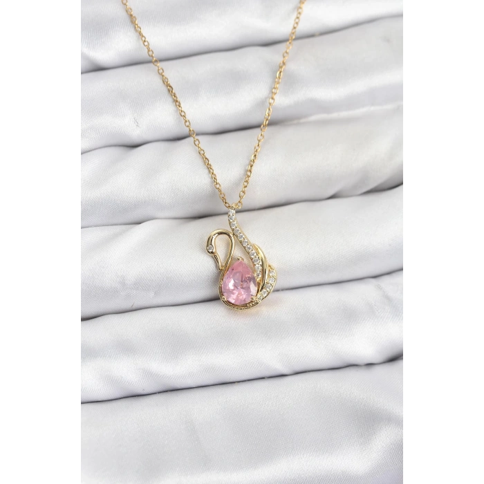 316L Çelik Zincir Gold Renk Pembe Kuğu Model Zirkon Taşlı Kadın Kolye