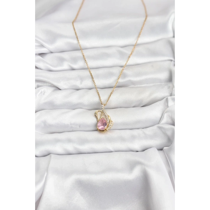 316L Çelik Zincir Gold Renk Pembe Kuğu Model Zirkon Taşlı Kadın Kolye