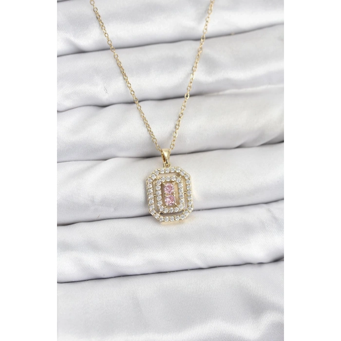 316L Çelik Zincir Gold Renk Plaka Model Zirkon Taşlı Kadın Kolye