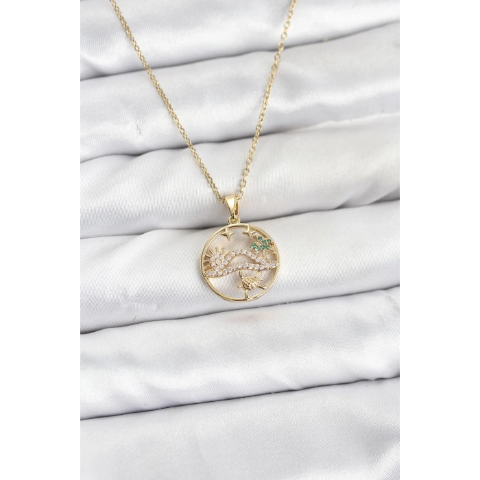 316L Çelik Zincir Gold Renk Şans Kolyesi Model Zirkon Taşlı Kadın Kolye