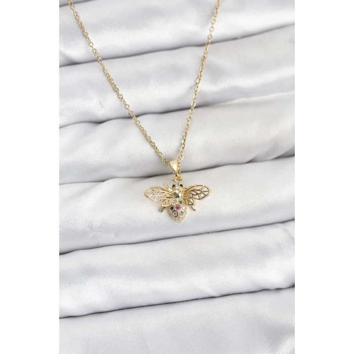 316L Çelik Zincir Gold Renk Sinek Model Zirkon Taşlı Kadın Kolye