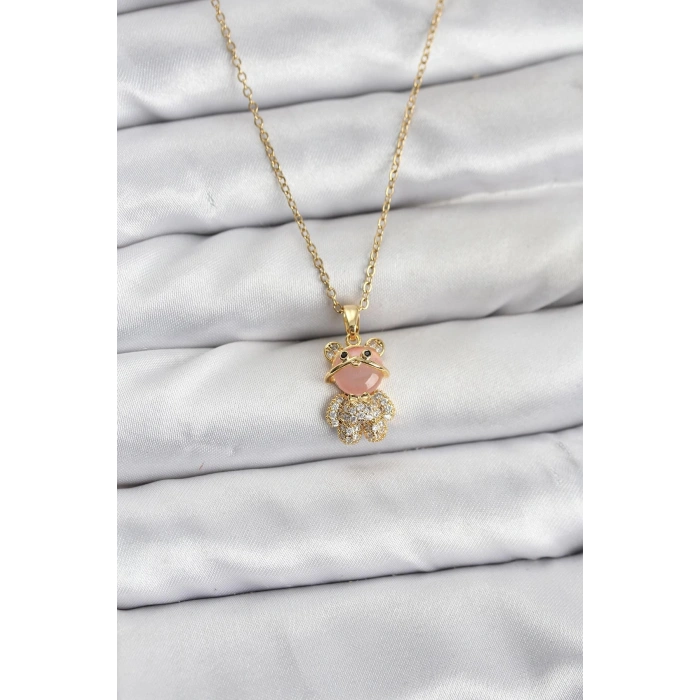 316L Çelik Zincir Gold Renk Teddy Bear Model Zirkon Taşlı Kadın Kolye