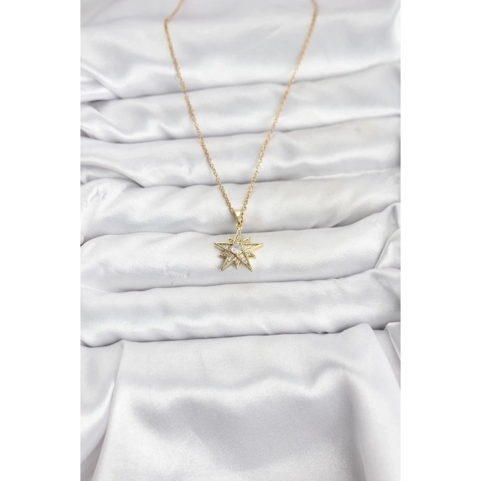316L Çelik Zincir Gold Renk Yıldız Model Zirkon Taşlı Kadın Kolye